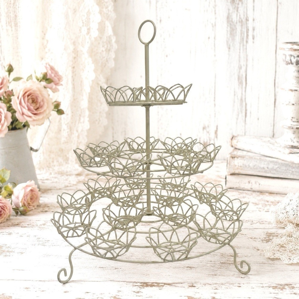 Vtg Wire Cup Cake Stand 3 Tier White 24 Cupcakes Flower Cottage Grannycore Party
